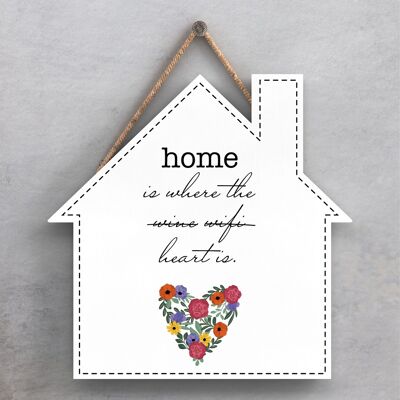 P1384 - La casa è dove il cuore è la targa da appendere in legno a tema prato primaverile