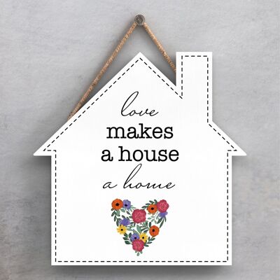 P1387 - L'amore fa di una casa una targa da appendere in legno a tema prato primaverile