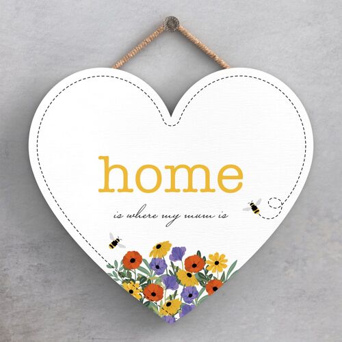 P1452 - Home Is Where My Mum Is Spring Meadow Theme Wooden Hanging Plaque