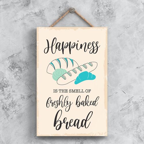 P1482 - Happiness Is The Smell Of Freshly Baked Bread Minimalistic Illustration Kitchen Themed Artwork On A Hanging Wooden Plaque