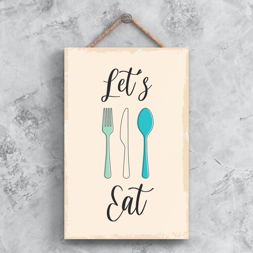 P1490 - Let'S Eat Minimalistic Illustration Kitchen Themed Artwork On A Hanging Wooden Plaque