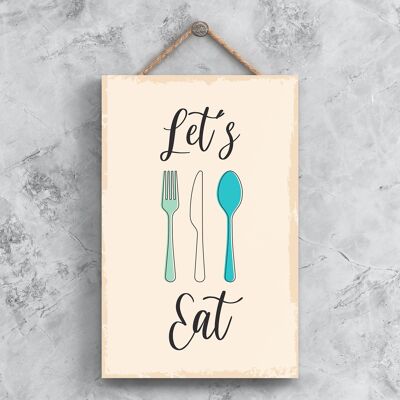 P1490 - Let'S Eat Ilustración minimalista Obra de arte temática de cocina en una placa de madera colgante