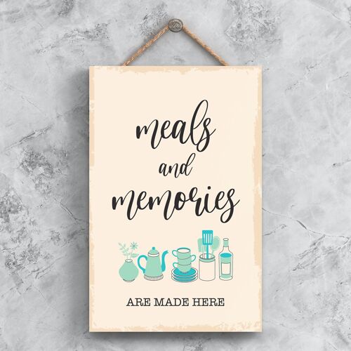P1493 - Meals And Memories Are Made Here Minimalistic Illustration Kitchen Themed Artwork On A Hanging Wooden Plaque