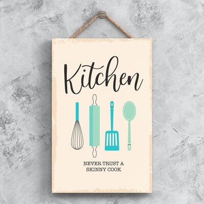 P1494 - Nunca confíes en un cocinero flaco Ilustración minimalista Obra de arte temática de cocina en una placa de madera colgante