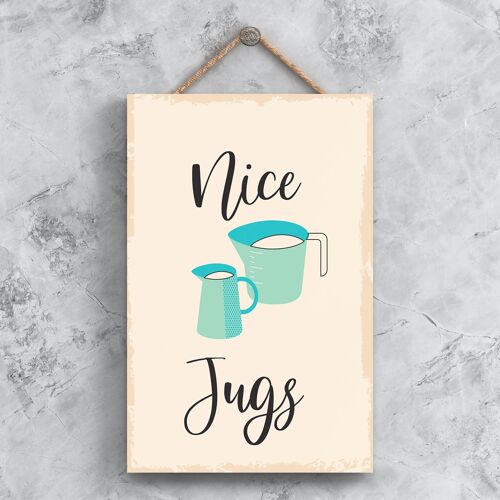 P1495 - Nice Jugs Minimalistic Illustration Kitchen Themed Artwork On A Hanging Wooden Plaque