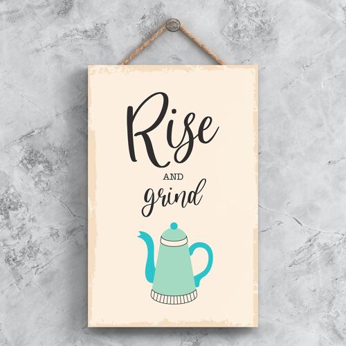 P1497 - Rise And Grind Minimalistic Illustration Kitchen Themed Artwork On A Hanging Wooden Plaque