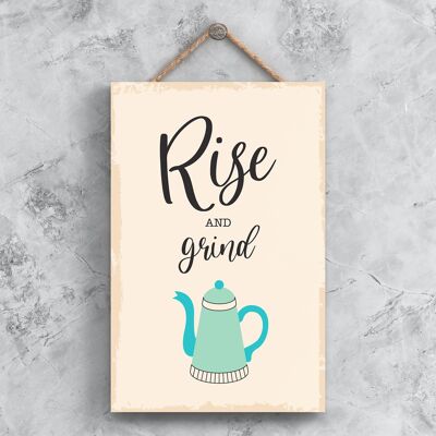 P1497 - Rise And Grind Illustration minimaliste sur le thème de la cuisine sur une plaque en bois suspendue