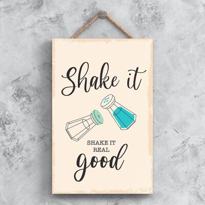 P1499 - Shake It Shake It Real Good Ilustración minimalista Obra de arte temática de cocina en una placa de madera colgante