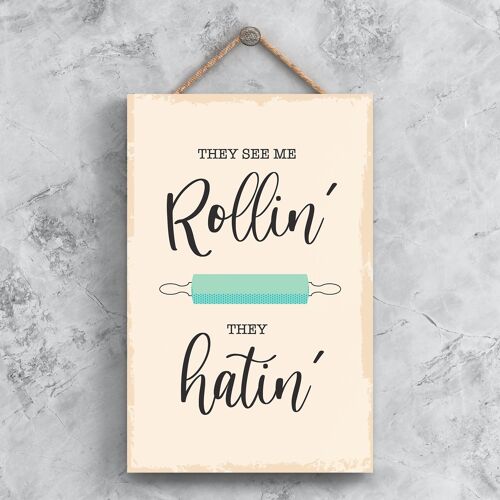 P1500 - They See Me Rollin Minimalistic Illustration Kitchen Themed Artwork On A Hanging Wooden Plaque