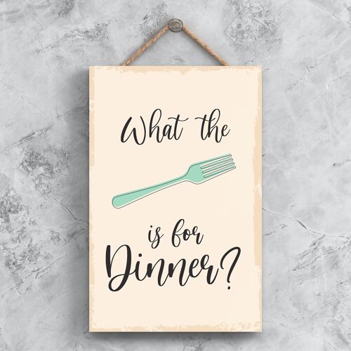 P1501 - What The Fork Is For Dinner Minimalistic Illustration Kitchen Themed Artwork On A Hanging Wooden Plaque