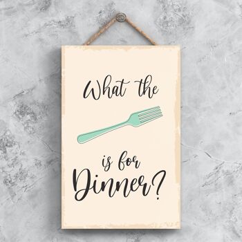 P1501 - Qu'est-ce que la fourchette est pour le dîner Illustration minimaliste sur le thème de la cuisine sur une plaque en bois suspendue 1