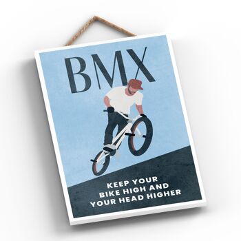 P1526 - Illustration BMX faisant partie de notre thème sportif imprimée sur une plaque à suspendre en bois 2