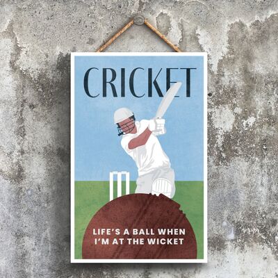 P1542 - Illustration de cricket faisant partie de notre thème sportif imprimée sur une plaque à suspendre en bois