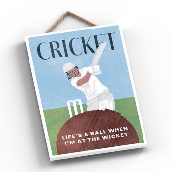 P1542 - Illustration de cricket faisant partie de notre thème sportif imprimée sur une plaque à suspendre en bois 2