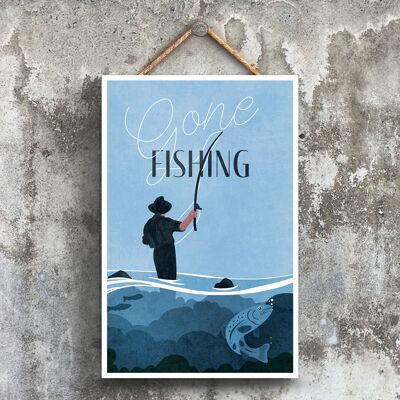 P1545 - Illustration de pêche faisant partie de notre thème sportif imprimée sur une plaque à suspendre en bois