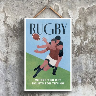 P1571 - Ilustración de rugby parte de nuestro tema deportivo impreso en una placa colgante de madera