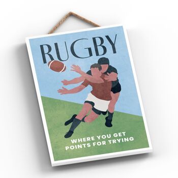 P1571 - Illustration de rugby faisant partie de notre thème sportif imprimée sur une plaque à suspendre en bois 2
