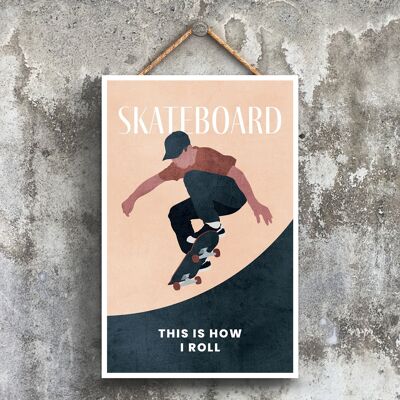 P1573 - Ilustración de skateboarding parte de nuestro tema deportivo impreso en una placa colgante de madera