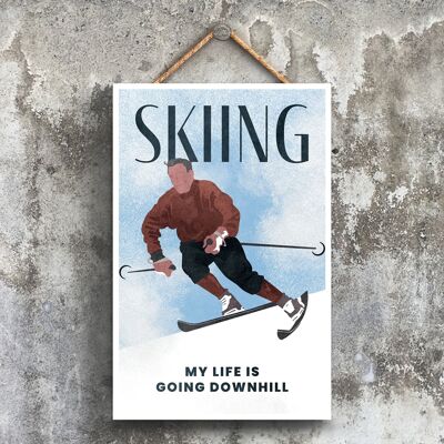 P1574 - Illustration de ski faisant partie de notre thème sportif imprimée sur une plaque à suspendre en bois