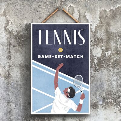 P1576 - Illustration de tennis faisant partie de notre thème sportif imprimée sur une plaque à suspendre en bois