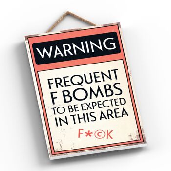 P1590 - Panneau de typographie d'avertissement de bombes F fréquentes imprimé sur une plaque à suspendre en bois 2