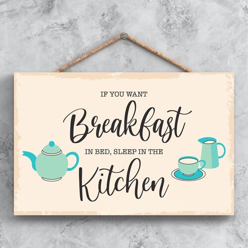 P1614 - Breakfast In Bed Minimalistic Illustration Kitchen Themed Artwork On A Hanging Wooden Plaque