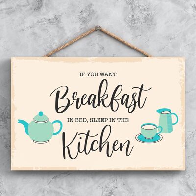 P1614 – Frühstück im Bett, minimalistische Illustration, Küche, Kunstwerk auf einer hängenden Holztafel