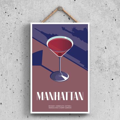 P1630 - Manhattan In Bicchiere Da Cocktail Stile Moderno Tema Alcol Targa Da Appendere In Legno
