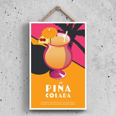 P1635 - Pina Colada In Cocktail Glass Modern Style Alcohol Theme Wooden Hanging Plaque