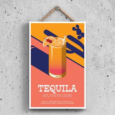 P1637 - Tequila Sunrise En Copa De Cóctel Estilo Moderno Tema De Alcohol Placa Colgante De Madera