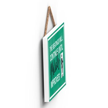 P1639 - The Beating Will Continue, Female Stick Person Green Exit Sign On A Hanging Wooden Plaque 3