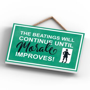 P1639 - The Beating Will Continue, Female Stick Person Green Exit Sign On A Hanging Wooden Plaque 4