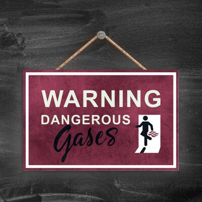 P1641 - Warnung vor gefährlichen Gasen, männliche Stick-Person, rotes Ausgangsschild auf einer hängenden Holztafel