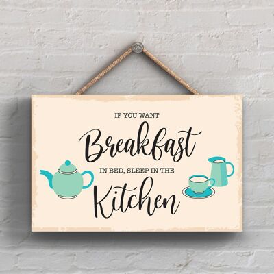 P1653 – Frühstück im Bett, minimalistische Illustration, Küche, Kunstwerk auf einer hängenden Holztafel
