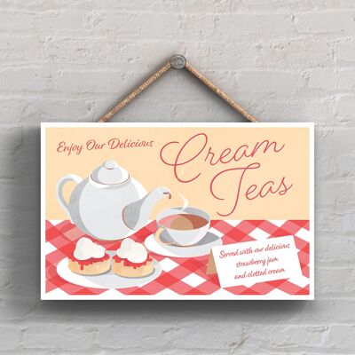 P1656 - Blue Cream Teas With Strawberry Jam Clotted Cream Plaque décorative à suspendre pour cuisine