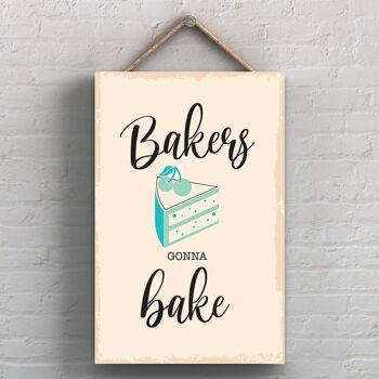 P1727 - Bakers Gonna Bake Illustration minimaliste sur le thème de la cuisine sur une plaque en bois suspendue 1
