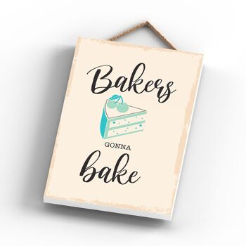 P1727 - Bakers Gonna Bake Illustration minimaliste sur le thème de la cuisine sur une plaque en bois suspendue 2