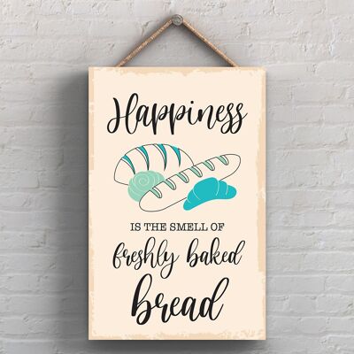 P1734 - Happiness Is The Smell Of Freshly Baked Bread Minimalistic Illustration Kitchen Themed Artwork On A Hanging Wooden Plaque