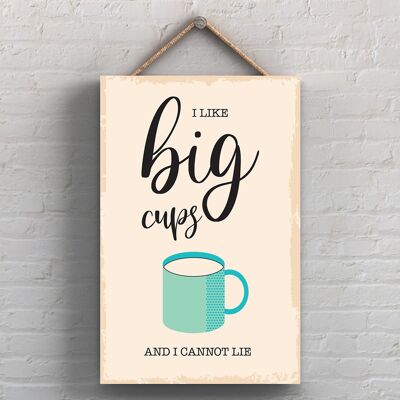 P1737 – I Like Big Cups And I Cannot Lie Minimalistische Illustration von Kunstwerken zum Thema Küche auf einer hängenden Holztafel