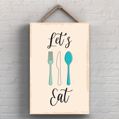 P1740 - Let'S Eat Minimalistic Illustration Kitchen Themed Artwork On A Hanging Wooden Plaque