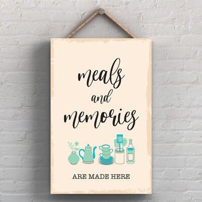 P1743 - Meals And Memories Are Made Here Minimalistic Illustration Kitchen Themed Artwork On A Hanging Wooden Plaque