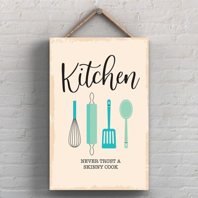 P1745 - Nunca confíes en un cocinero flaco Ilustración minimalista Obra de arte temática de cocina en una placa de madera colgante