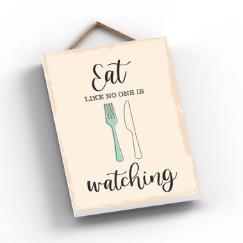 P1747 - Mangez comme si personne ne regardait une illustration minimaliste sur le thème de la cuisine sur une plaque en bois suspendue 2