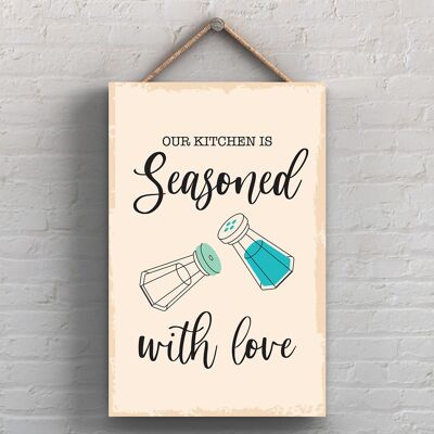 P1748 - Our Kitchen Is Seasoned With Love Minimalistic Illustration Kitchen Themed Artwork On A Hanging Wooden Plaque