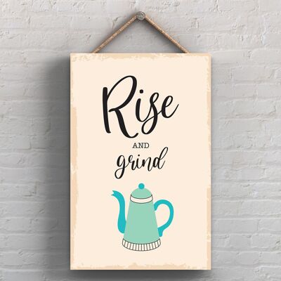 P1749 - Rise And Grind Minimalistic Illustration Kitchen Themed Artwork On A Hanging Wooden Plaque