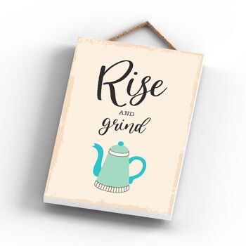 P1749 - Rise And Grind Illustration minimaliste sur le thème de la cuisine sur une plaque en bois suspendue 3