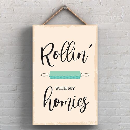 P1750 - Rollin' With My Homies Minimalistic Illustration Kitchen Themed Artwork On A Hanging Wooden Plaque