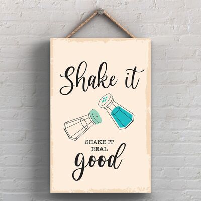 P1751 - Shake It Shake It Real Good Illustrazione minimalista Cucina a tema Opera d'arte su una targa di legno appesa