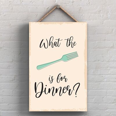 P1755 - Cos'è la forchetta per cena Illustrazione minimalista Opera d'arte a tema cucina su una targa di legno appesa