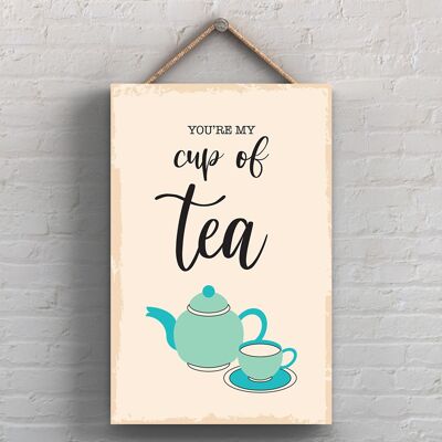 P1758 - Sei la mia tazza di tè Illustrazione minimalista Opera d'arte a tema cucina su una targa di legno appesa
